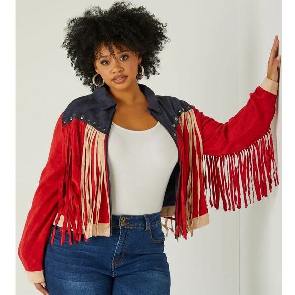 Star Spangled Cowboy-chic Fringed Vegan Suede Jacket | Women’s Size 10/L | NWT - Picture 2 of 4